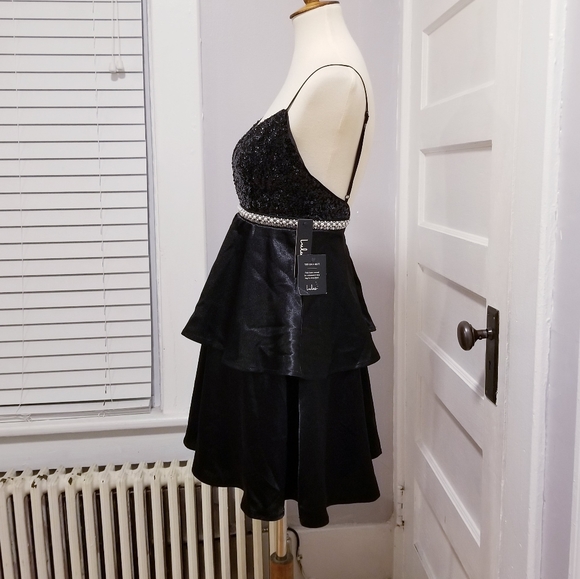 NWT Lulus Black Sequin Tiered Satin Mini Dress, Size XS - Picture 8 of 15